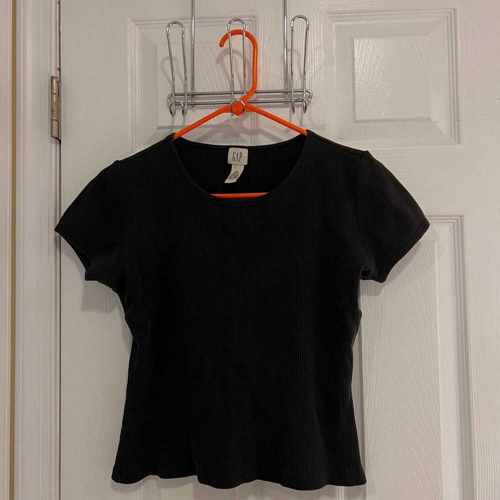 GAP Women Ribbed Black Short Sleeve T Shirt Top