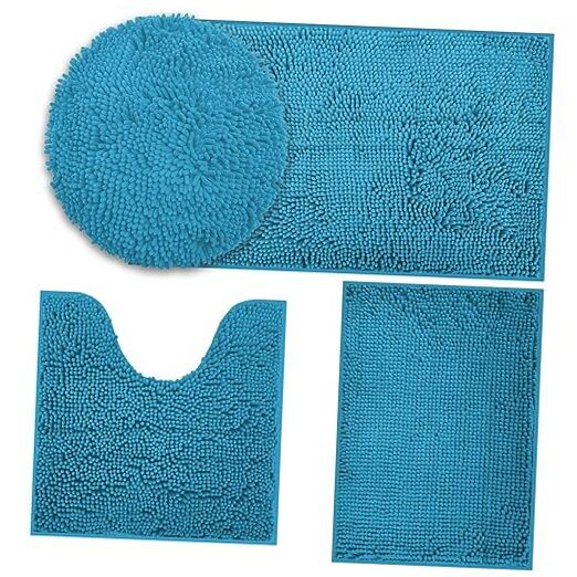 Bathroom Rugs Sets Chenille Bath Rug Non-Slip Bath Mats with 4 Piece Teal Blue