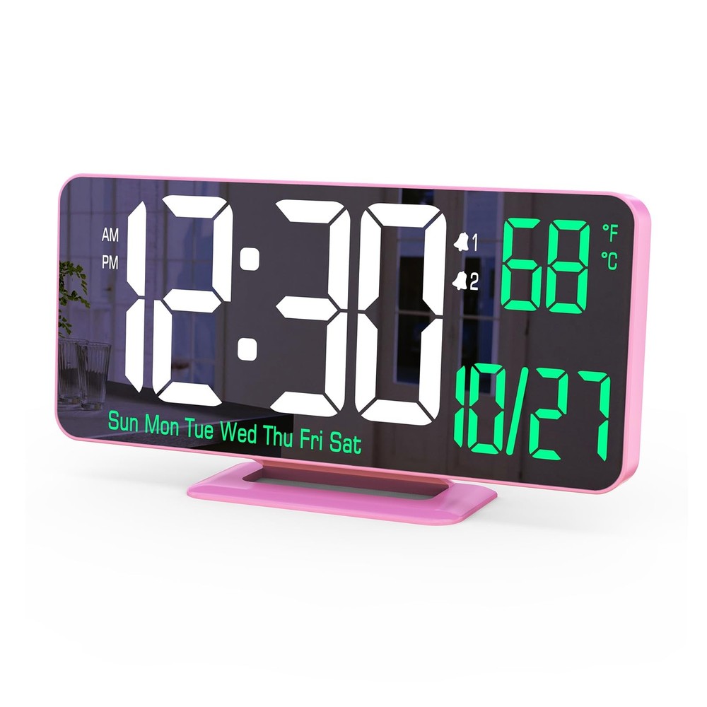 6.7in Pink Digital Desk Clock with Dual Alarm, Dimming & 12/24h Display