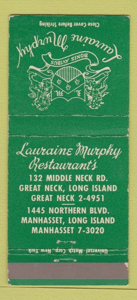 Matchbook Cover Lauraine Murphy Restaurant Manhasset LI NY Great Neck 30 Strike