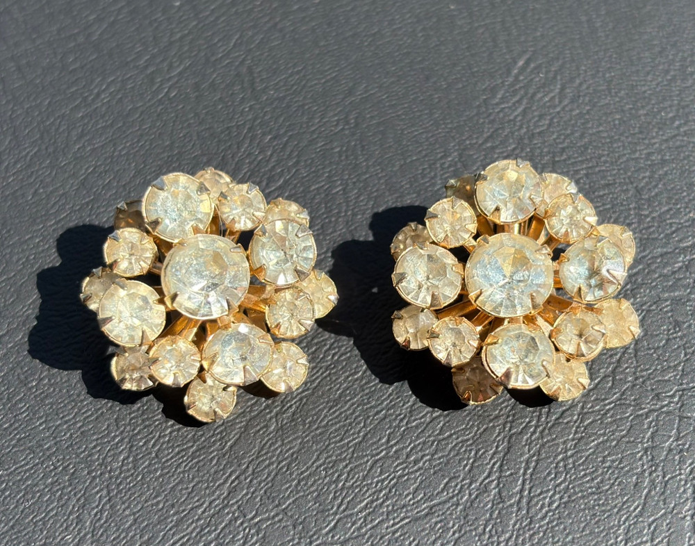 Vintage Rhinestone Cluster Clip-On Earrings Round Gold Tone