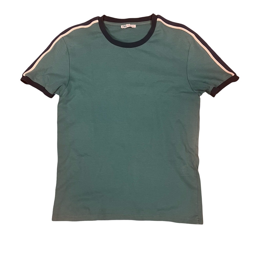 Zara Boys Short Sleeve Ringer Tee Teal Green Side Stripe Crew Neck Shirt Size S