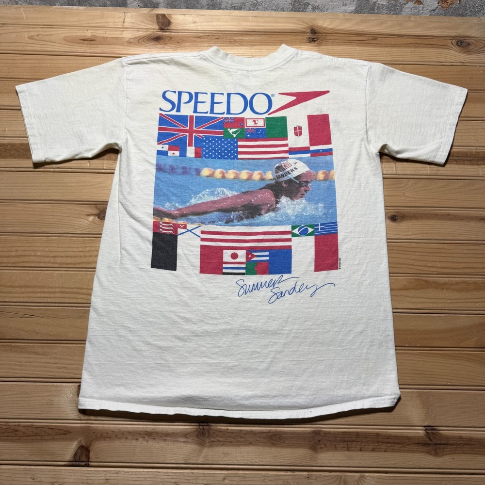 Vintage 1993 Speedo Summer Sanders Swimmer Olympic Flags T-Shirt USA Made Large