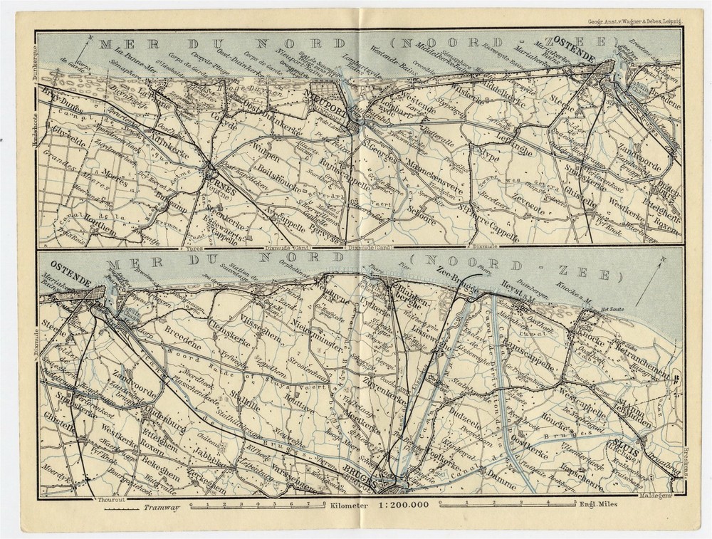 1905 Antique Map Of Belgian Seashore / Ostend Ostende Nieuwpoort Bruges Belgium