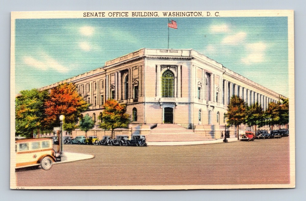 Washington DC, Senate Office Building, Classic Cars, Vintage Linen Postcard