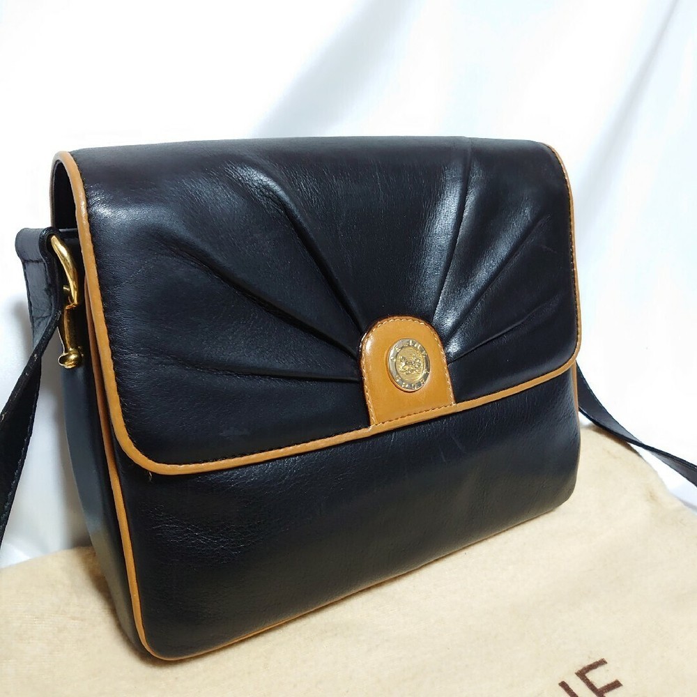 Vintage Old Celine Leather Shoulder Bag Crossbody Black & Brown Carriage Used