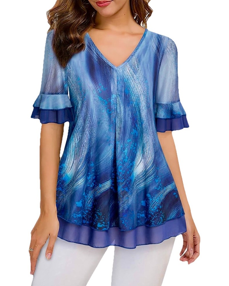 NEW Valolia V-Neck Tunic, Ruffle Sleeves, Blue, Pleated, Layered, Women’s Size M