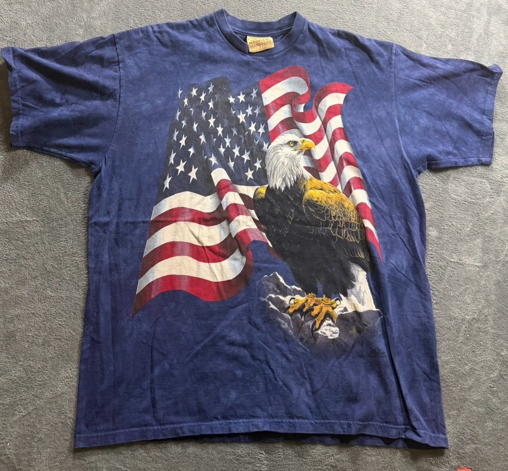 Vtg Mountain American Flag Bald Eagle Blue Tie Dye Shirt Men’s XL Distressed