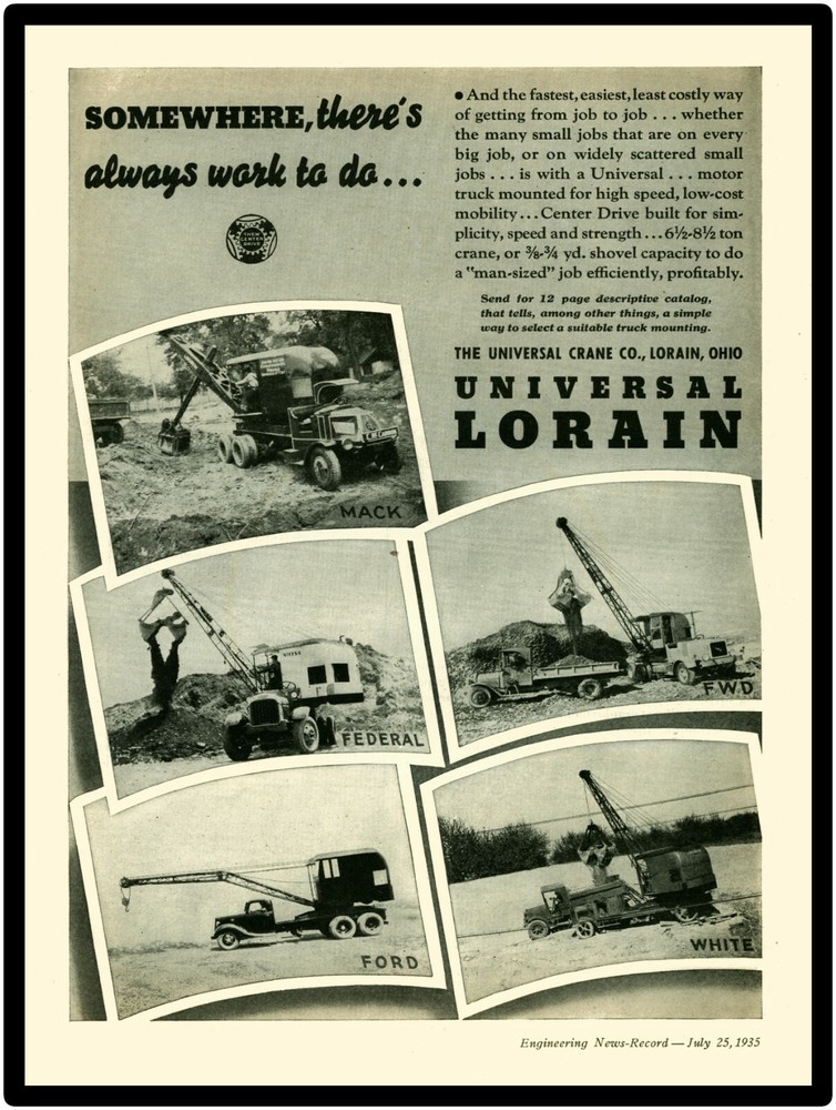 1935 Universal Crane Company New Metal Sign: Truck Crane on Federal, Ford, Mack+