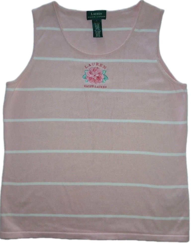 Vintage Ralph Lauren Pink Striped Sleeveless Shirt Embroidered Knit Top Size L