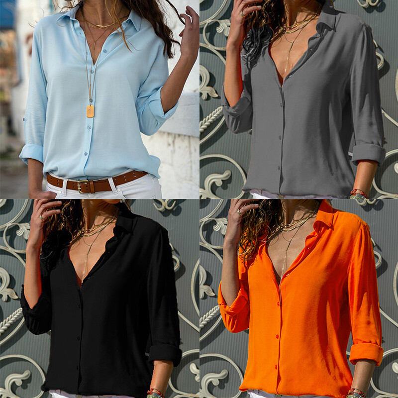 Womens Chiffon Casual Button Down Shirt/Blouse Long Sleeve V Neck Tops Casual
