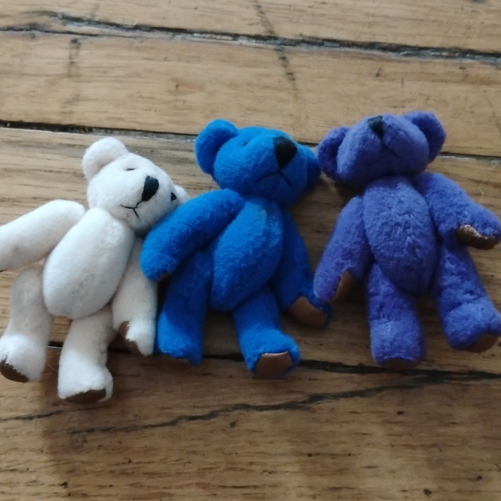 Set of 3 Small Plush Teddy Bears White Blue Purple