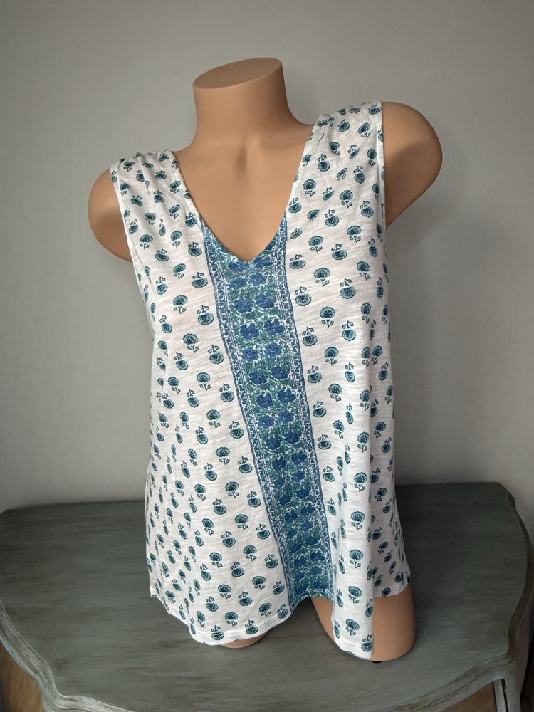 Lucky Brand Tank Top Womens M Boho White Floral Boho Sleeveless Lightweight Slub
