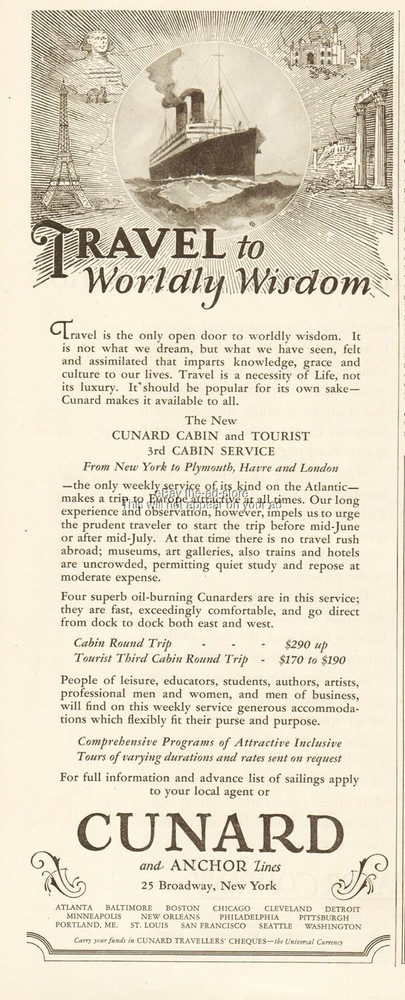 1927 Cunard Cruise Ship Line Steam Liner Ship Print Ad Travel to Worldly Wisdom
