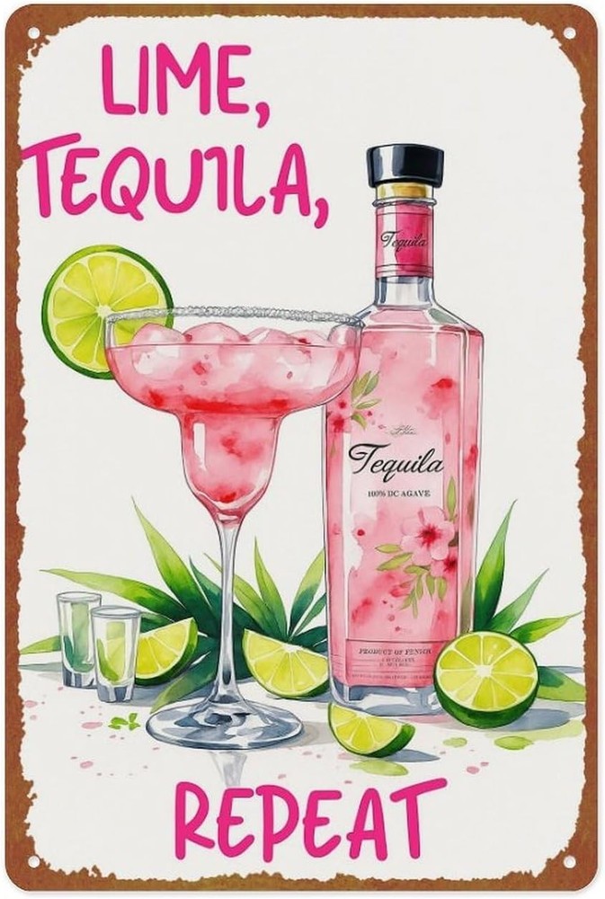 Lime Tequila Repeat Metal Tin Wall Sign Vintage Decor 8 x 12 Inches