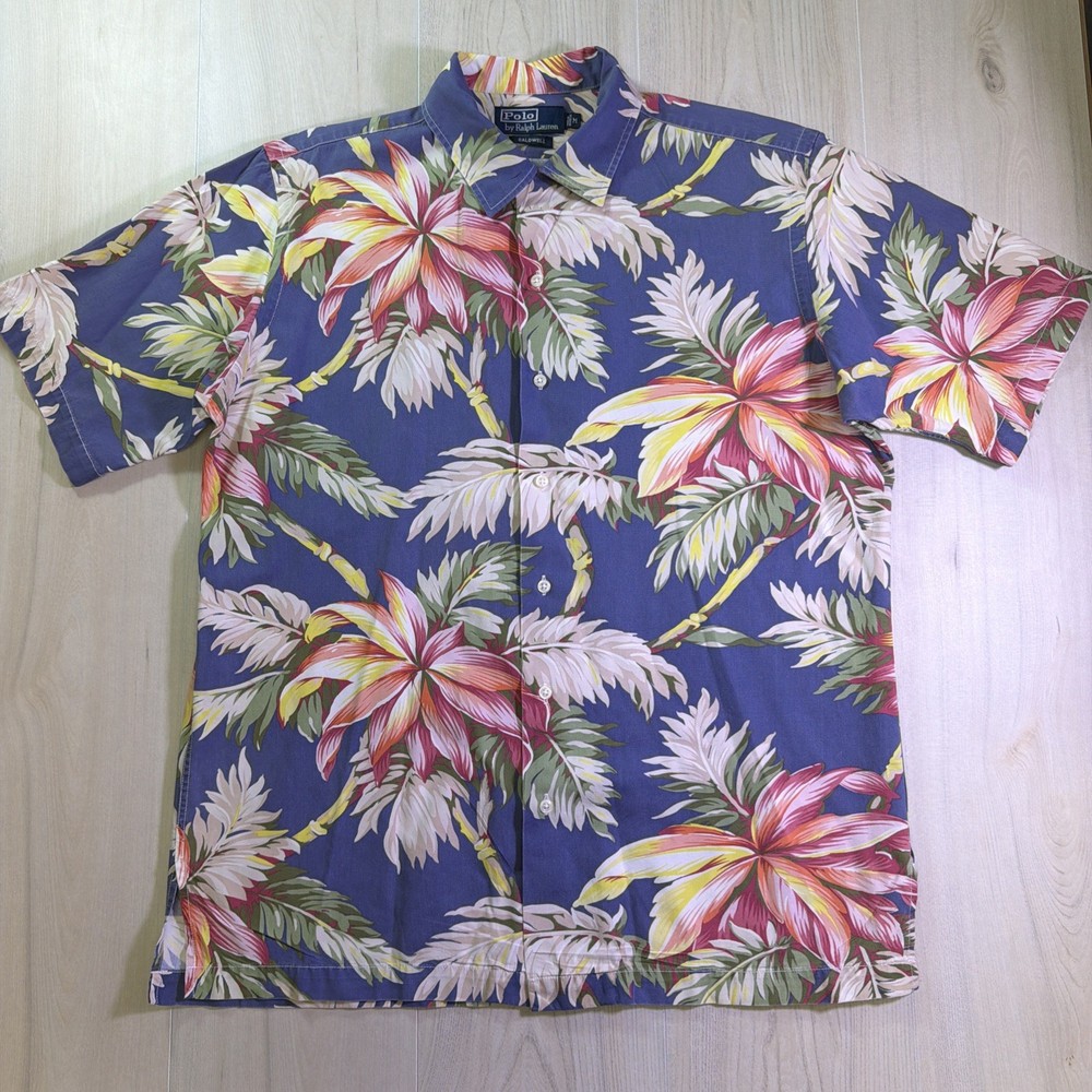 Vintage Polo Ralph Lauren Caldwell Shirt Med Blue Floral Hibiscus Camp Hawaiian