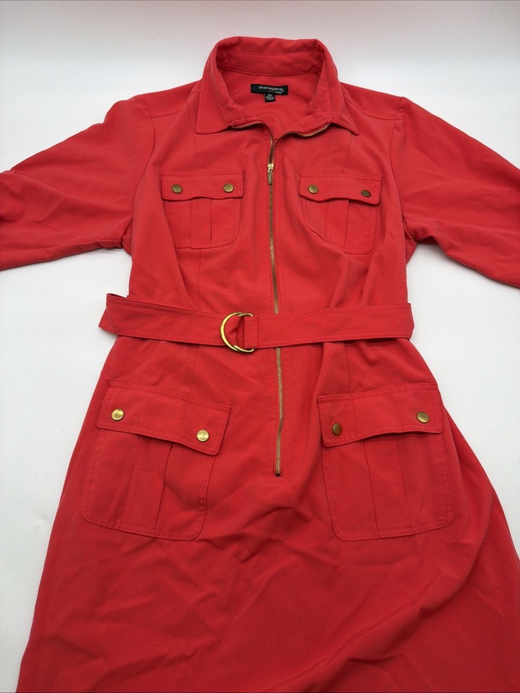Sharagano Shirt Dress Women Size 16W Red Pockets 3/4 Sleeve Zip Snap.#41235