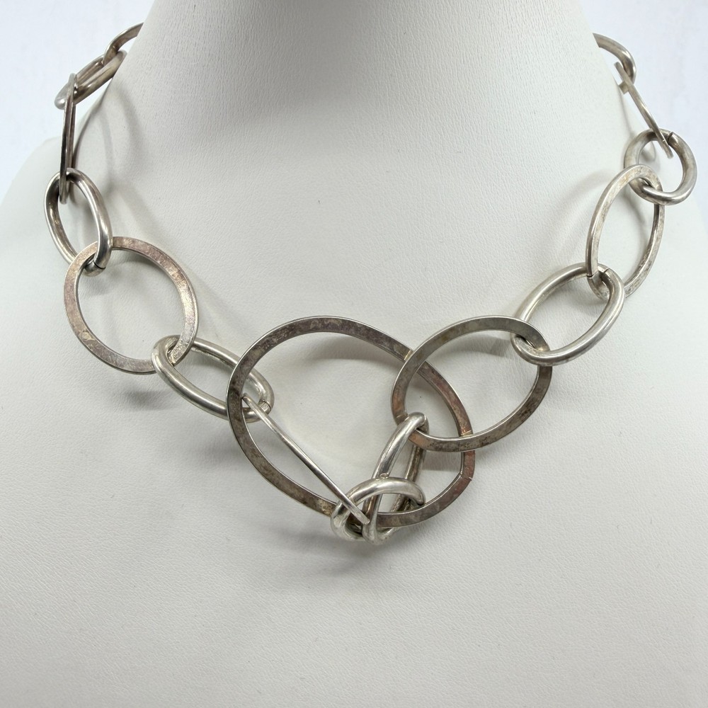 VTG Silver Tone Chunky Oval Link Collar Necklace Retro Statement Interlocking