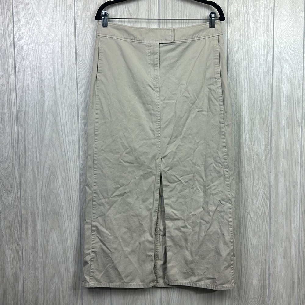 New York & Company Women's Khaki Midi Skirt with Slit Utility Style Size 8 Tan