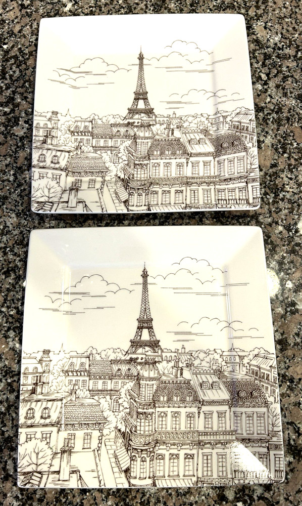 222 Fifth City Scene Black White Eiffel Tower Two Square Dinner Plates 10.25