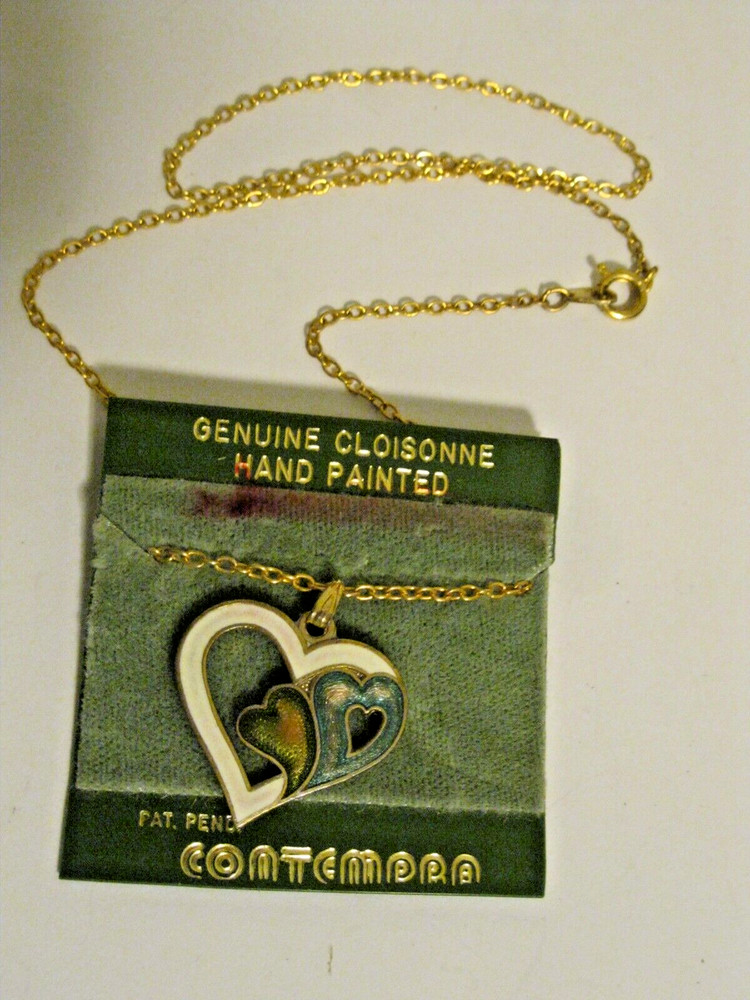 Vintage Cloisonne Heart  Enamel Pendant Necklace 