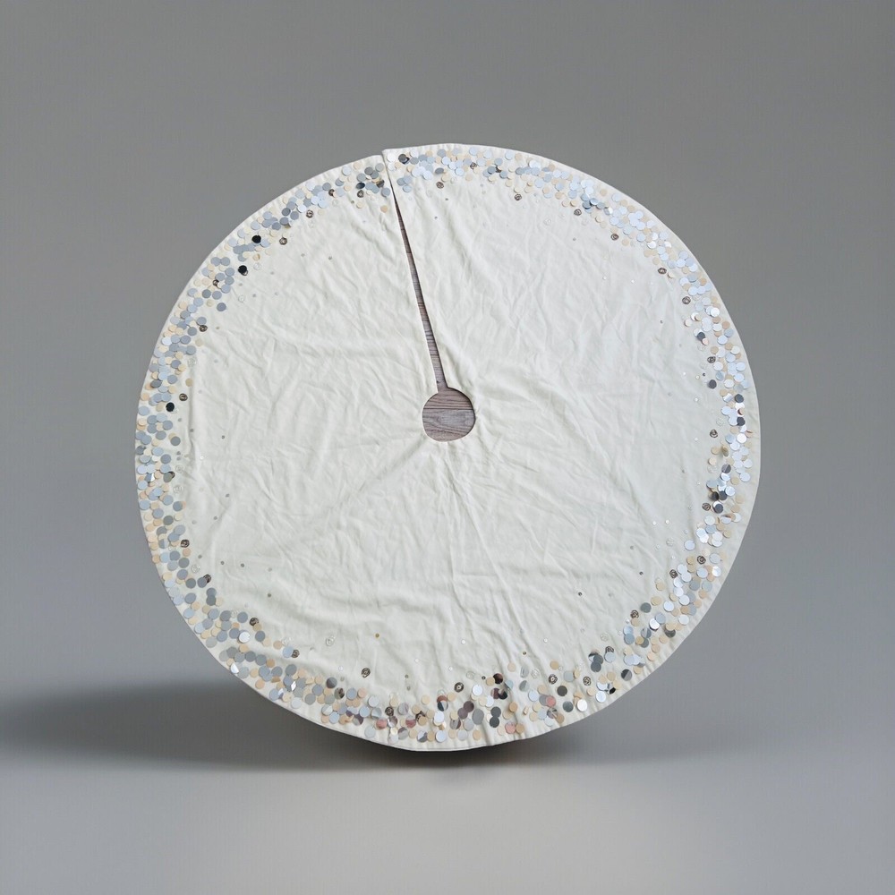 West Elm Tree 50” Tree Skirt Silver Champagne Sequins And Bead Christmas Holiday