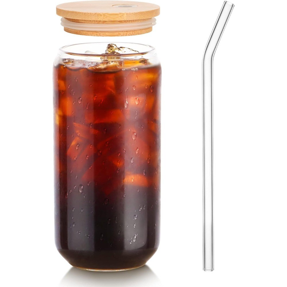 16oz Glass Tumbler with Bamboo Lid and Straw Set of 1 Pack for Iced Coffee