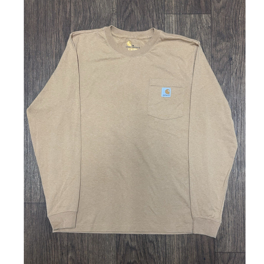 Carhartt Beige Graphic Logo Long Sleeve T-Shirt Men's M Crew Neck Cotton