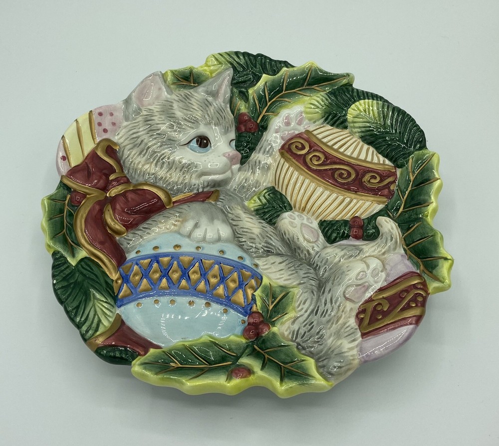 Decorative Plate Fitz And Floyd Christmas Cat Kitty With Ornaments