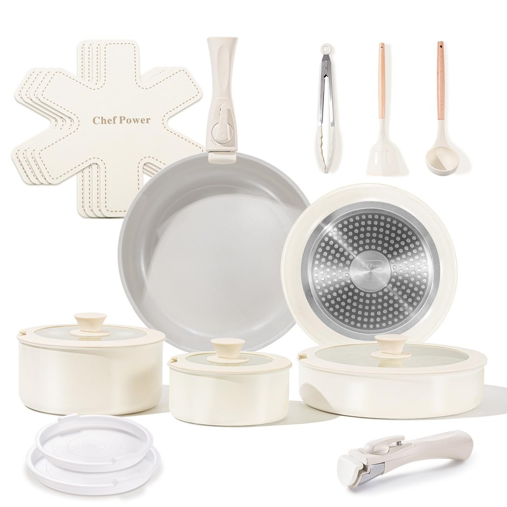 Ceramic Nonstick 19-Piece Pots and Pans Set with Detachable Handle for Induction Cooktops