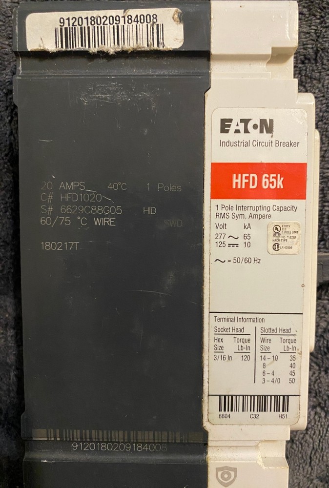 Eaton HFD1020 Bolt-On Circuit Breaker 20A 277V 1P 1PH HFD 20 AMP 277 Volt 1 Pole
