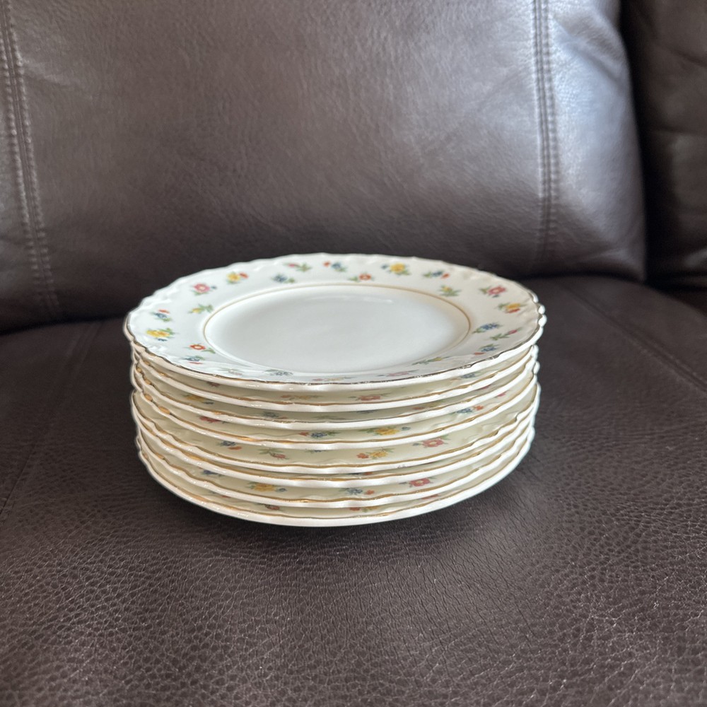(8) W S George Radisson Salad Dessert Plate Floral Pattern Gold Rim 7.25”