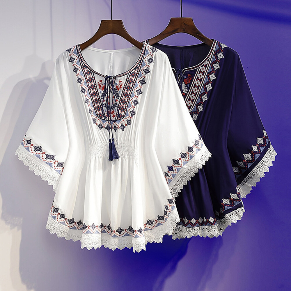 Ladies Round Collar Tunic Tops Short Sleeve Floral Lace Casual National Style