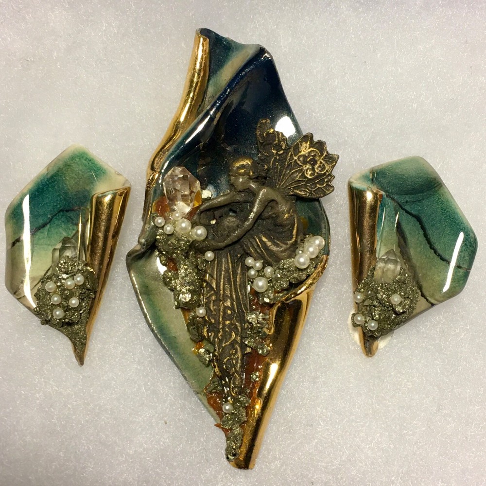 Vintage Gemstone Angel Earrings and Brooch Set