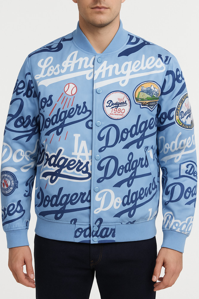 MLB LA Dodgers Blue Satin Sublimation Varsity Bomber Jacket Vintage Street Wear