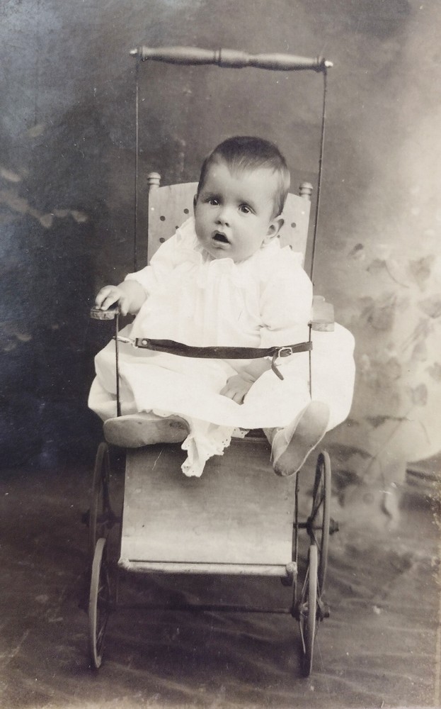 RPPC Baby in Stroller Vintage Postcard Child Real Photo Circa Early 1900s KRUXO