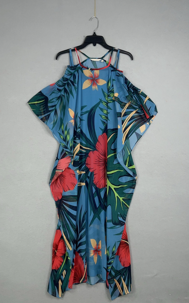 Soft Surroundings Dress Womens S/M Blue Tropical Floral Kaftan Maxi Slip Resort