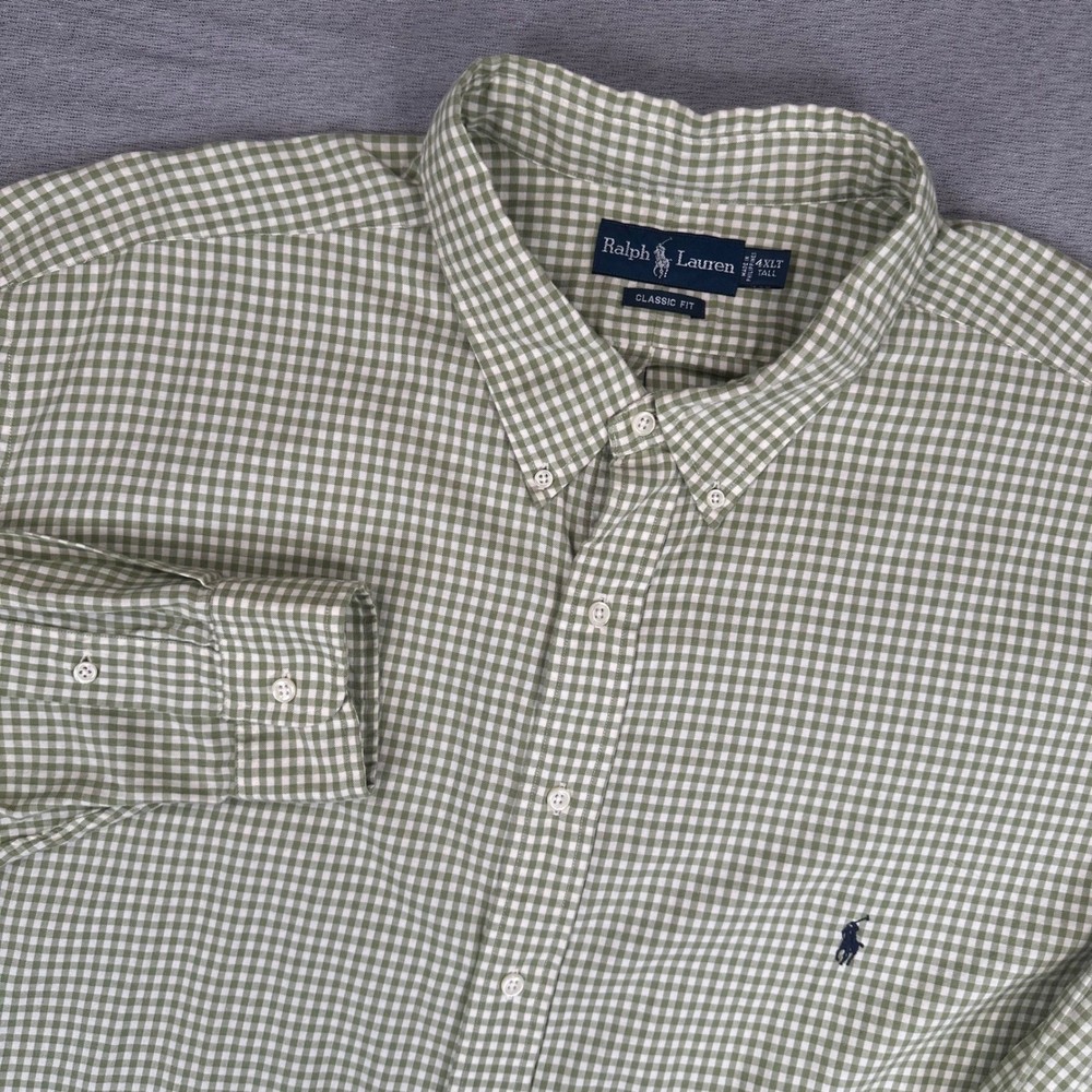 Ralph Lauren Shirt Mens 4XLT Classic Fit Sage Green White Gingham Button Down