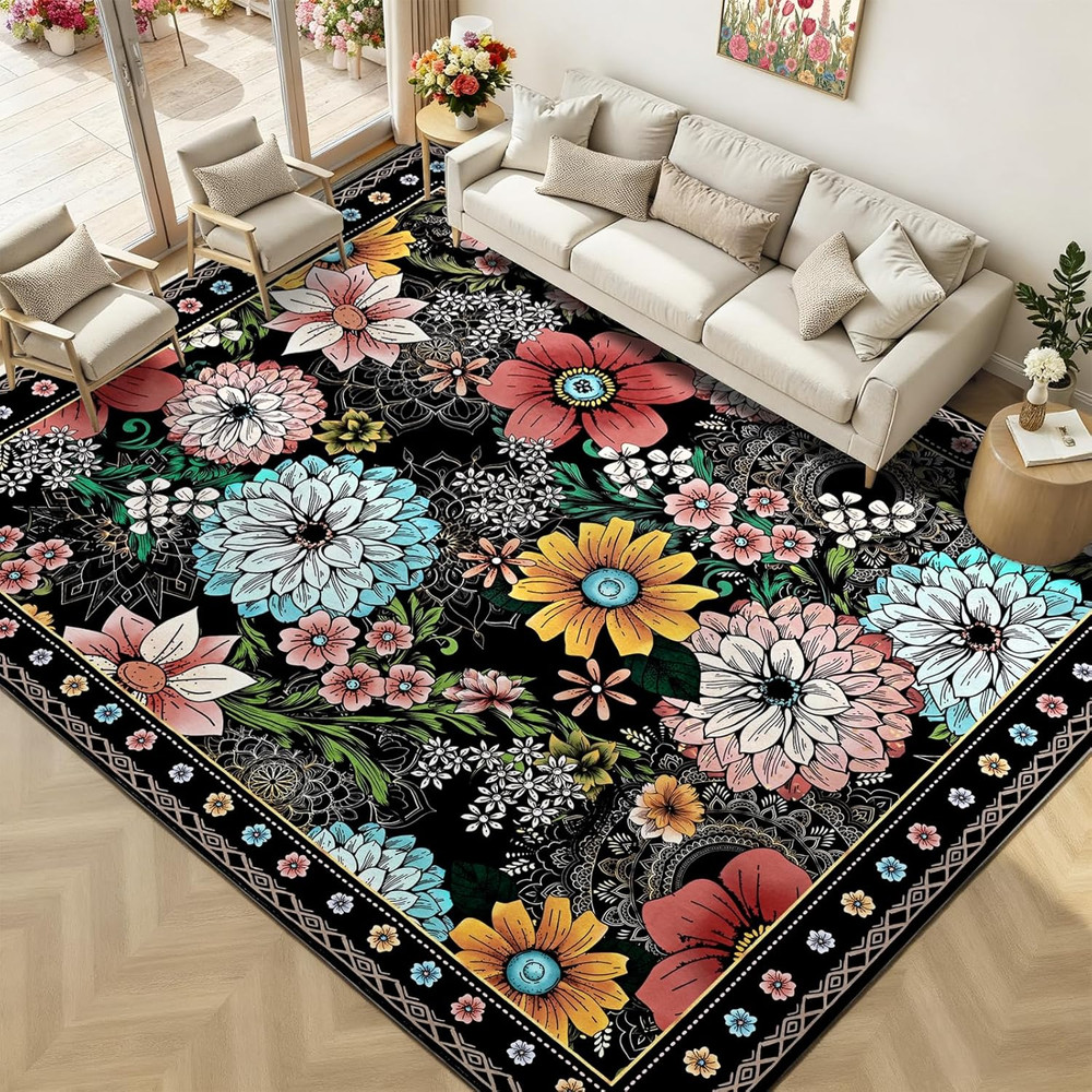 Living Room Rug 6X9 Rug Washable Boho Floral Rugs Non Slip, Black Soft Area Rugs