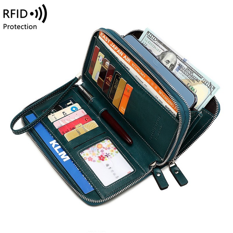 RFID Anti-Theft Women's Long Wallet with Double Zipper & Brush Design