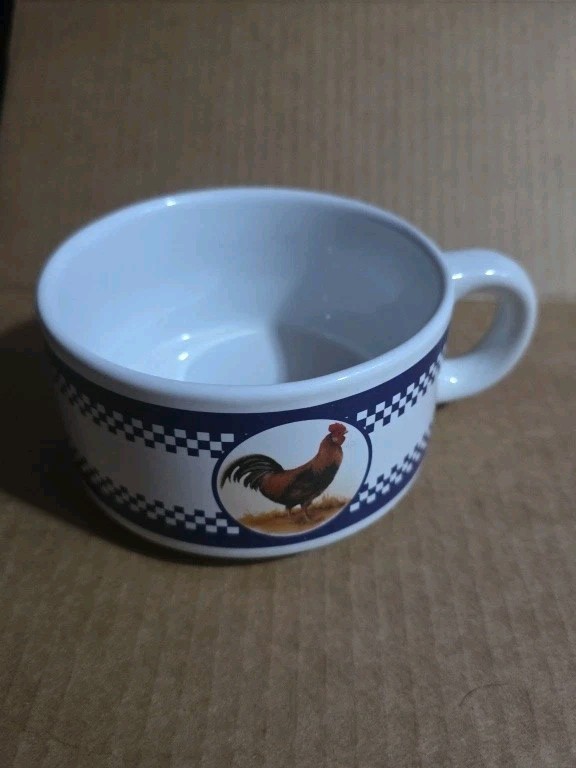 Houston Harvest Rooster Soup Mug Bowl w/Handle  Blue and White Checkered EUC