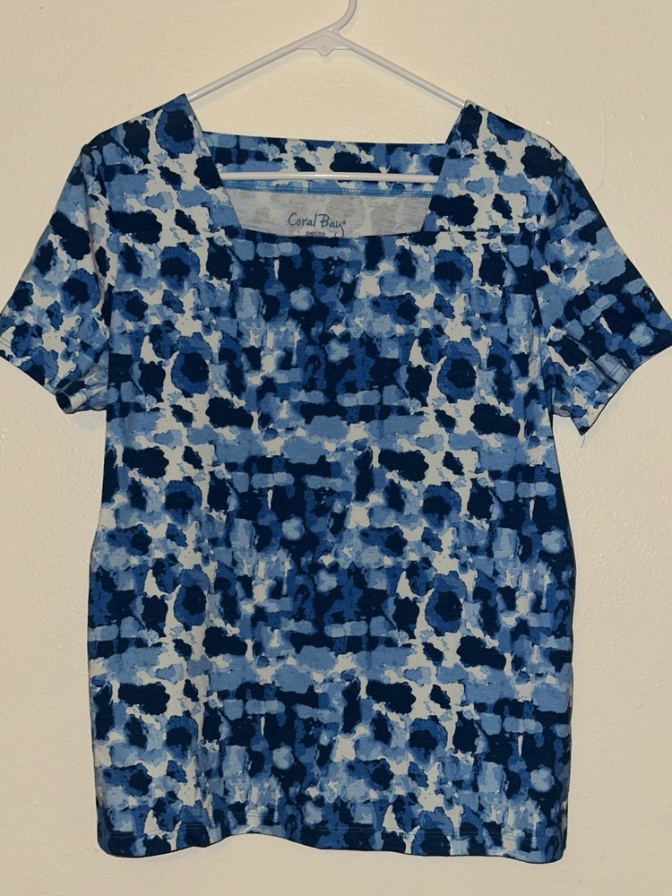 Coral Bay Blue Abstract Cotton Polyester Square Neck Short Sleeve Petite PXL