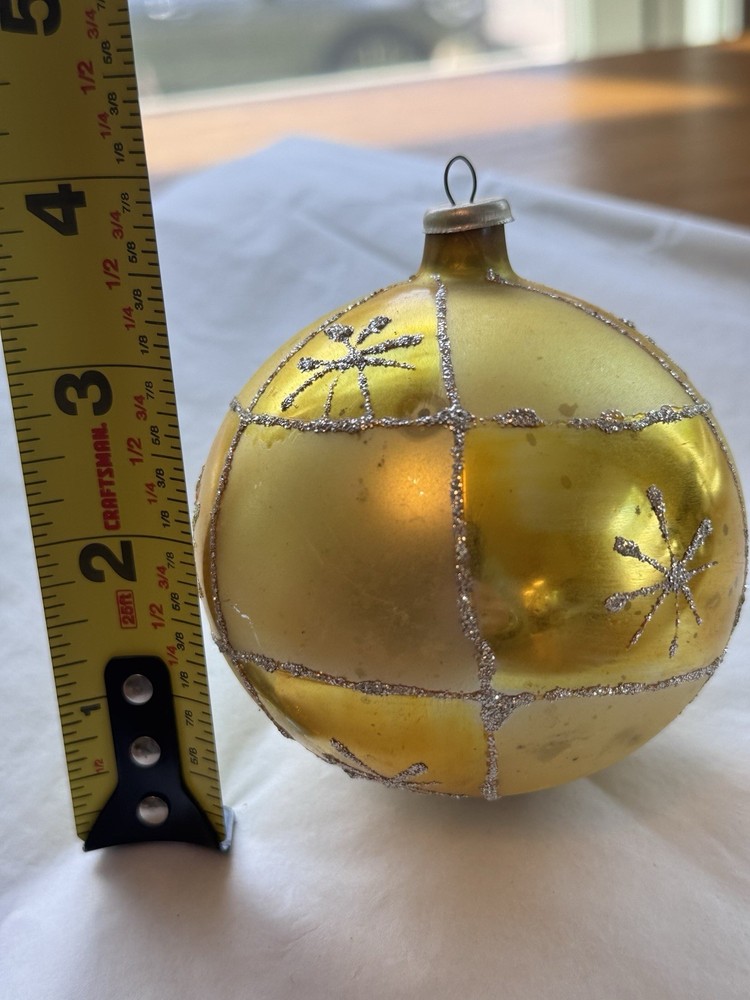 Vintage Mercury Glass Gold Stars Glitter 4” Large Ornament