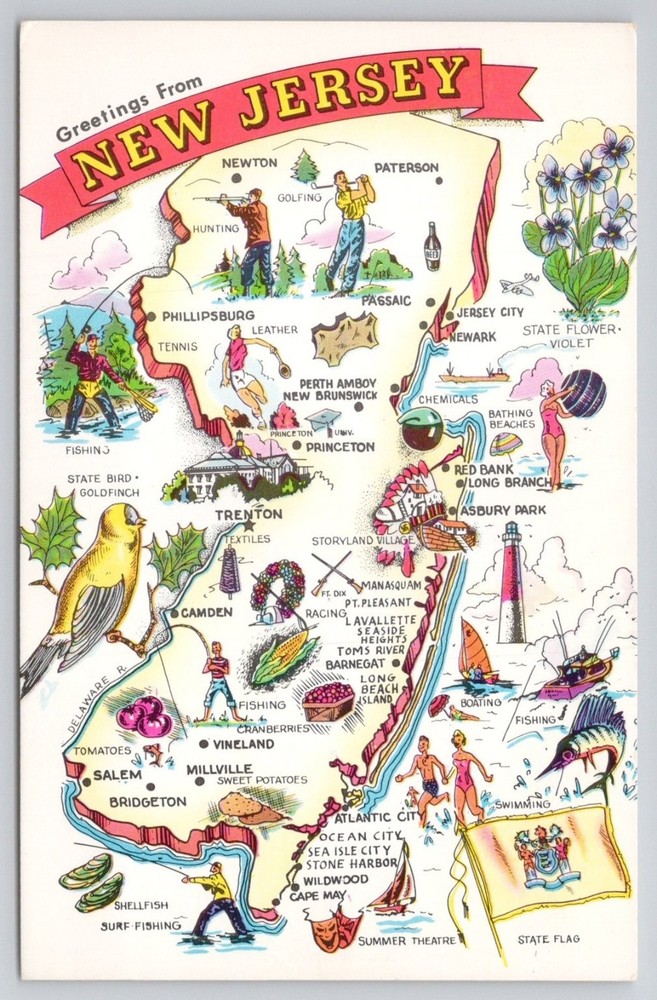 Greetings From NEW JERSEY Lusterchrome Pictorial Map Postcard Tichnor Bros