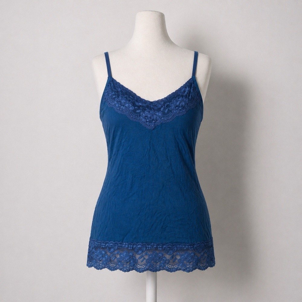 Vintage Dress Barn Camisole Tank Top XL Y2K Lace Trim Teal Blue Crinkle Long
