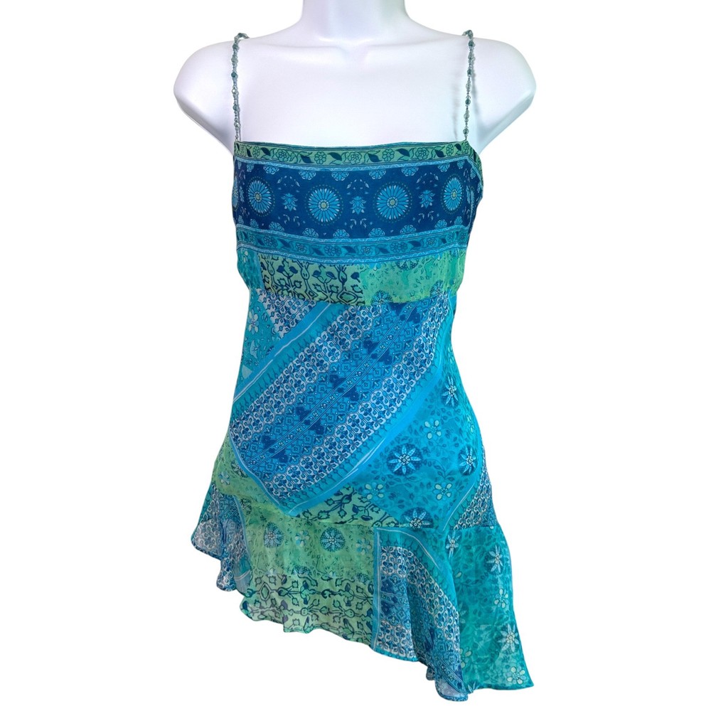 Vtg Y2K Silk Empire Waist Beaded Strap Asymmetric Tank Top Sz L Fairy Festival