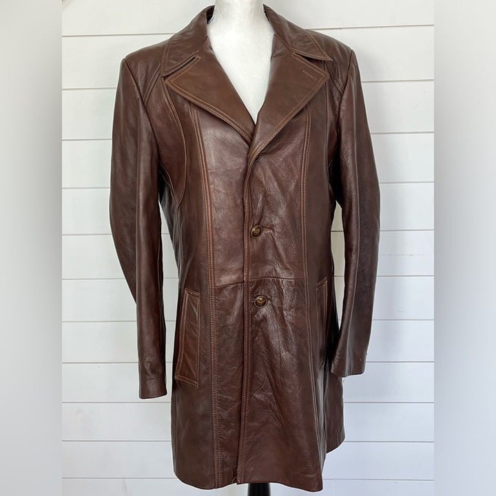 Vintage Grais Cabretta Leather Coat Mens 40L Brown Wool Vest Liner Made in USA