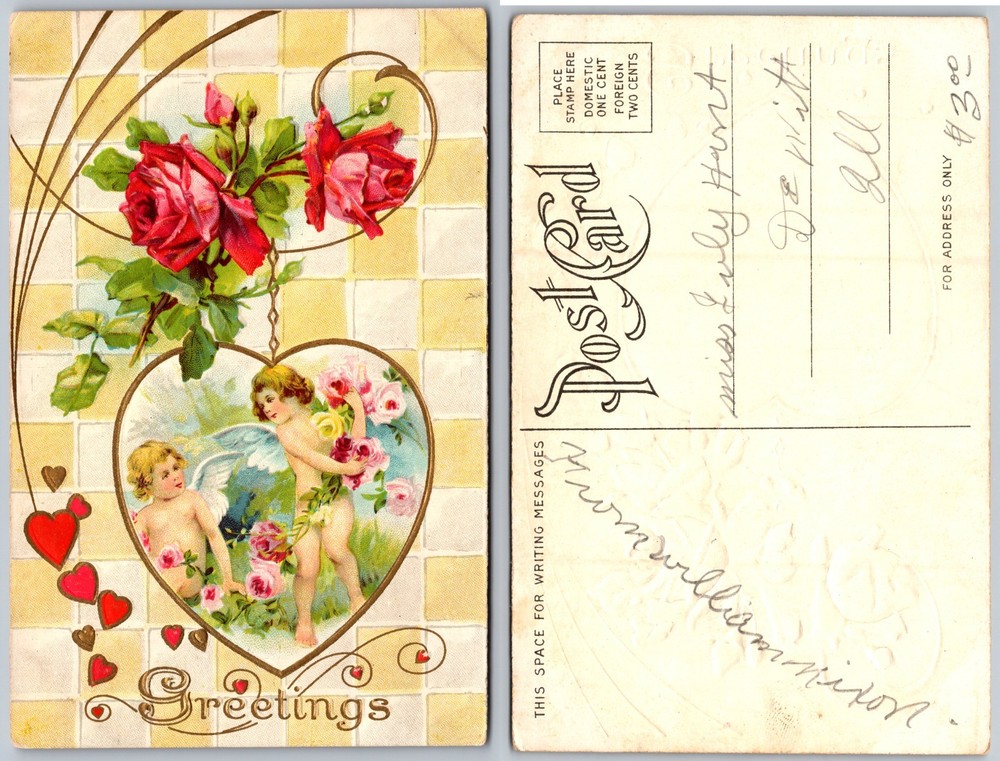 Cherubs Roses Hearts Greetings Postcard