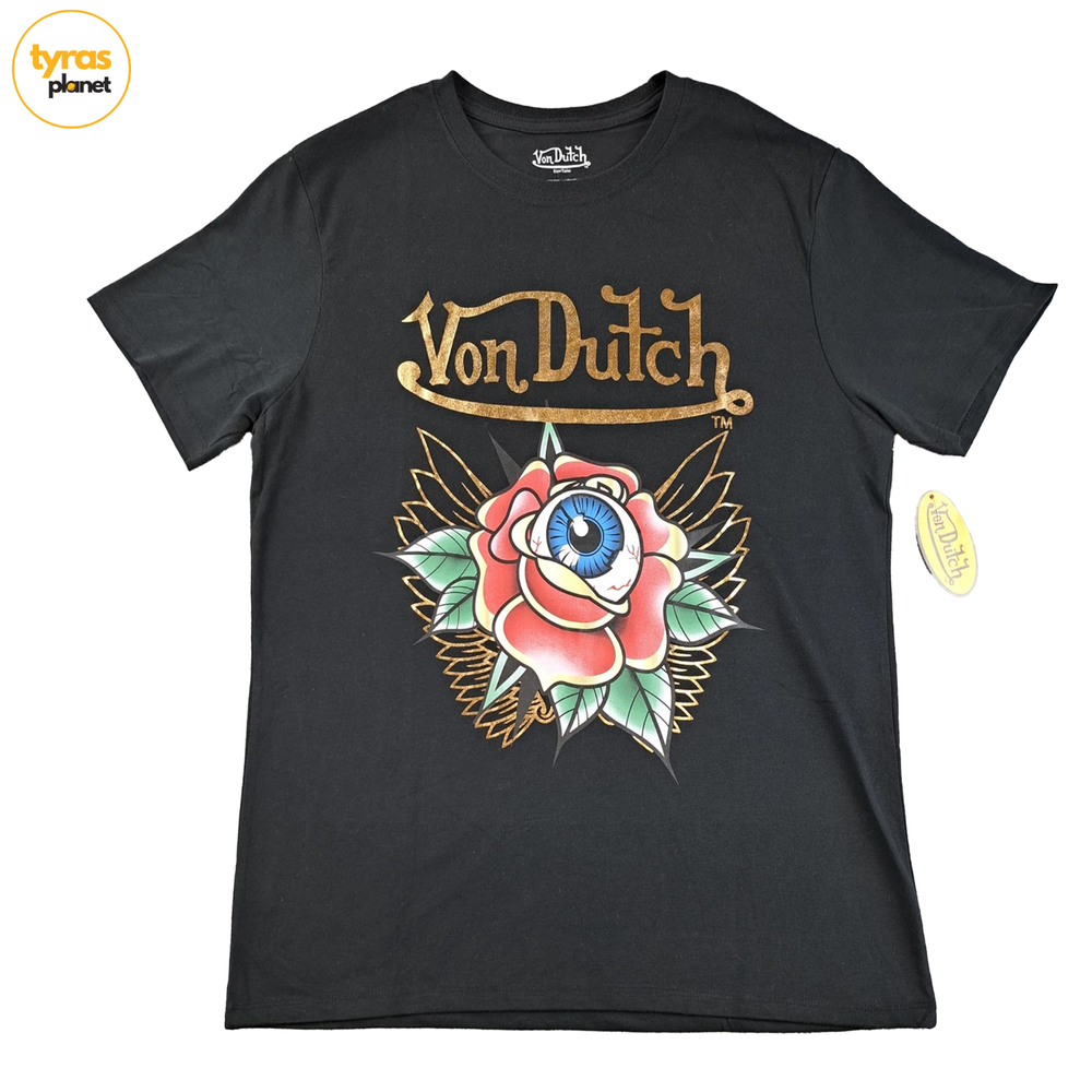 Von Dutch Shirt Mens Black Gold Tattoo Rose Eye Graphic Tee SIZE XL NEW Y2K
