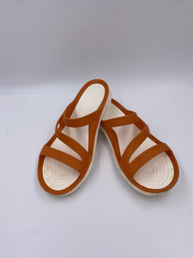 Crocs Swiftwater Slide Sandals Orange White Womens Size 7 Stained Soles Read Description